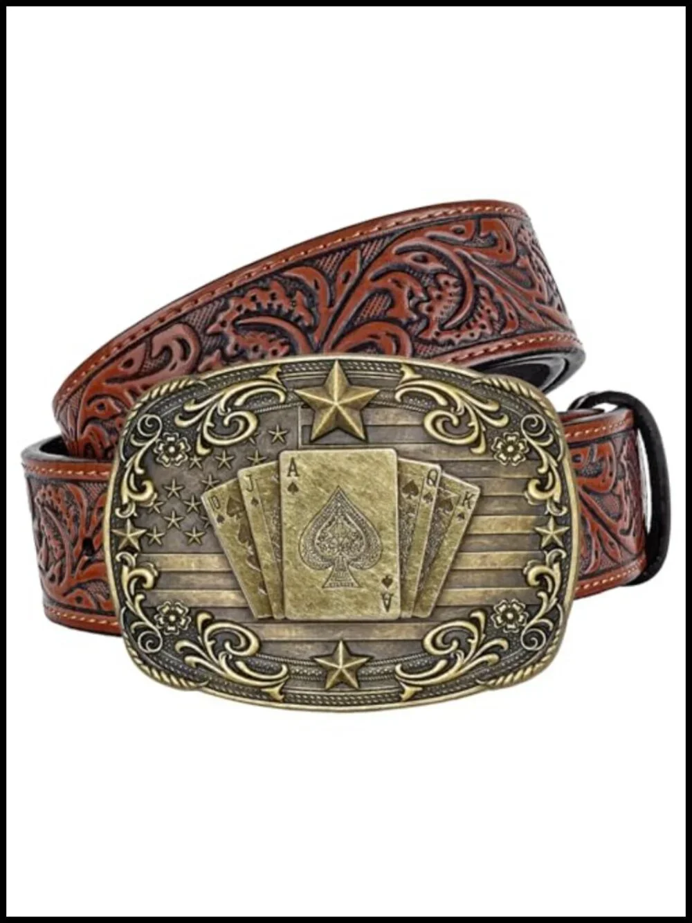 Western Cowboy Belt with Poker Buckle Unisex Leather Belt for Jeans